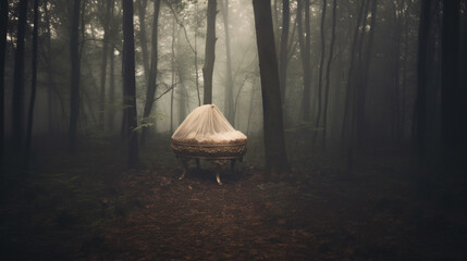 A surreal image of a vintage bassinet in the clearing of a deep and dark forest. - obrazy, fototapety, plakaty