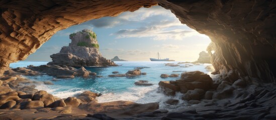 Taken from inside the cave, view of the open sea coast in the afternoon - obrazy, fototapety, plakaty