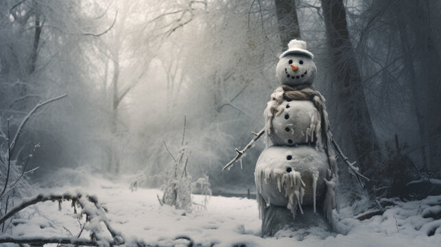 A surreal image of a snowman with a scarf around his neck and standing in a snowy forest. Cold and frosty weather.