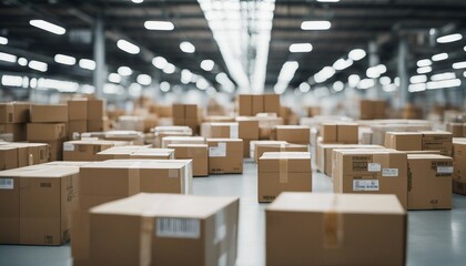 Warehouse or storehouse with cardboard boxes ready for shipment. Shallow depth of field