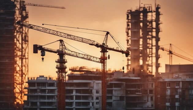Industrial construction site with cranes and building silhouettes at sunset