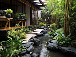 An Asian-inspired outdoor garden featuring a serene koi pond surrounded by bamboo. (15 words)
