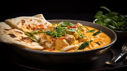 Close-up food photography of The absolutely Creamy and nutty panang curry served with crispy roti on a side