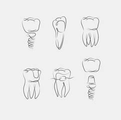 Teeth collection implant, braces, tooth crown, dental seal drawing in linear style on white background - 688229618