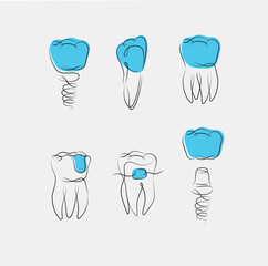 Teeth collection implant, braces, tooth crown, dental seal drawing in linear style on white and blue background