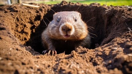 Groundhog crawled out of his hole to bask in the spring sun, close-up
