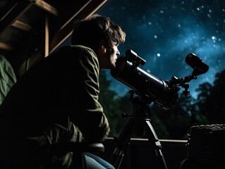 Astronomer intently observes the vast night sky through a telescope, seeking distant celestial wonders.