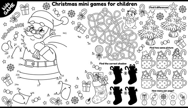 Vector Christmas games placement for children. Outline set with Santa running with a bag of gifts, Xmas tree, New Year sock. Coloring. Kids activity mat. Maze, connect the dots, find the differences.