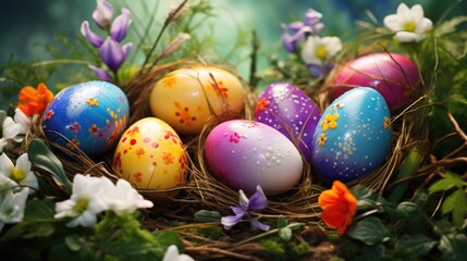Beautiful postcard with easter decoration and painted colorful easter eggs