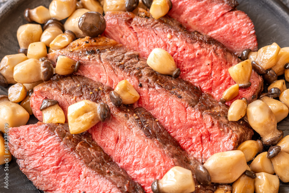 Poster Steak rib eye with mushrooms