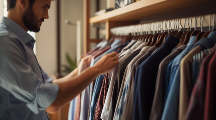 Man chooses an outfit on hangers with clothes at home or in a store. Shopping and sales in clothing stores. Close-up of male hands and clothes on a hanger. Fashion handsome guy. Generated AI