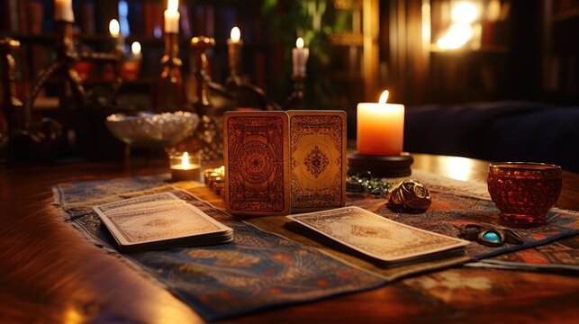 A pile of tarot cards lie on the table