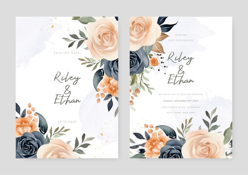 Peach beige and blue rose beautiful wedding invitation card template set with flowers and floral