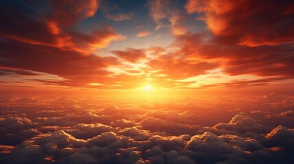 Beautiful sunset sky above clouds with dramatic light. - obrazy, fototapety, plakaty