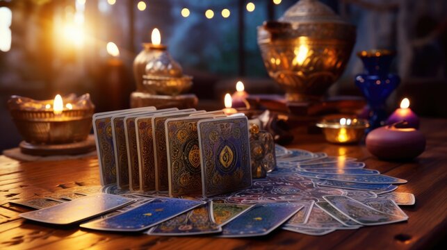 A pile of tarot cards lie on the table