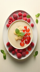 Smooth cream dessert adorned with fresh berries and mint, served on a stylish oval plate.