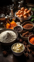  A variety of baking essentials including eggs, flour, and spices, set against a dark backdrop, ready for a baking adventure.