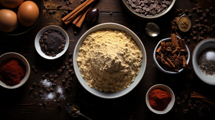 A bowl of flour takes center stage among scattered baking ingredients and spices on a dark wooden table, inviting culinary creativity.
