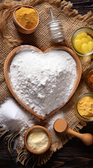 Fototapeta na wymiar Heart-shaped flour on a wooden background, ingredients for baking with love, an invitation to culinary creativity. 