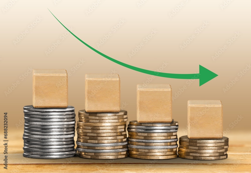 Poster cost word on coins stacking with arrow
