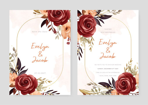 Peach and red rose and poppy modern wedding invitation template with floral and flower
