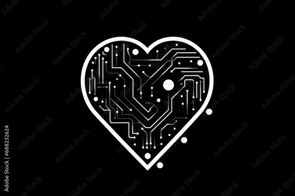 Poster computer with heart shaped cpu chip. drawing style. black background with selective focus and copy s