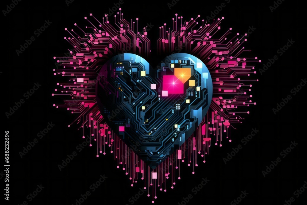 Poster computer with heart shaped cpu chip. illustration style. black background with selective focus and c