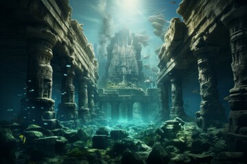 Legendary Atlantis. The sunken continent of an ancient highly developed civilization. Underwater historical discoveries - obrazy, fototapety, plakaty