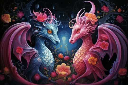 Two dragons in love in fantasy style. Background with selective focus and copy space