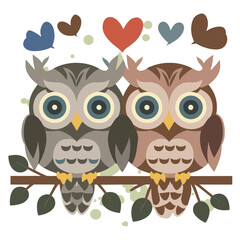  two cute owls in love on a branch