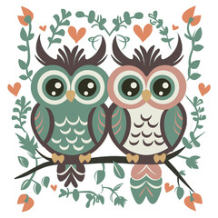  two cute owls in love on a branch