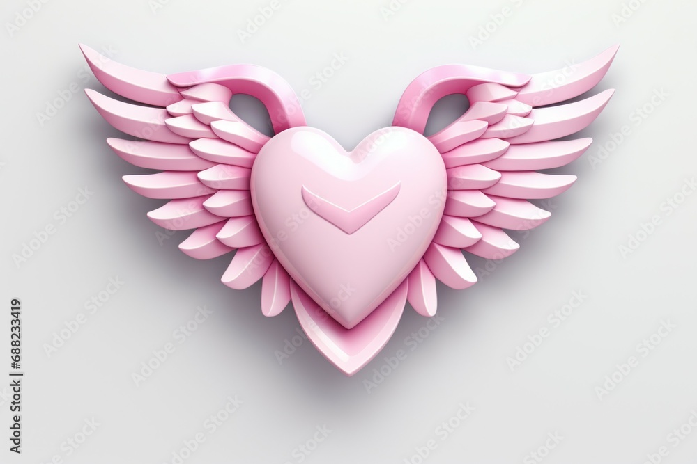 Poster heart with cupid wings. light background with selective focus and copy space