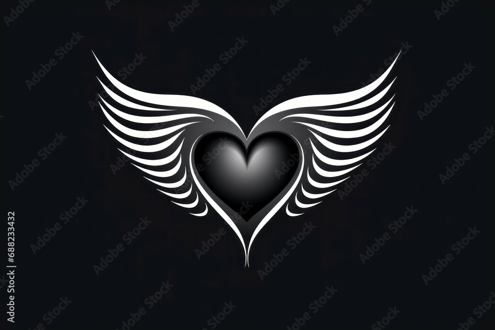 Poster heart with cupid wings. dark background with selective focus and copy space