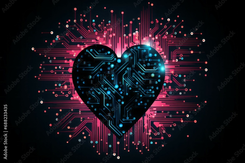 Poster computer with heart shaped cpu chip. black background with selective focus and copy space