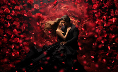 A passionate and sensual couple dancing among the floating red rose petals.
