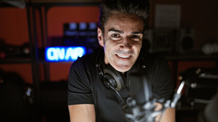 Obraz premium Young hispanic man radio reporter smiling confident at radio studio