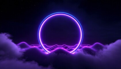 Obraz premium Abstract cloud illuminated with neon light ring on dark night sky. 
