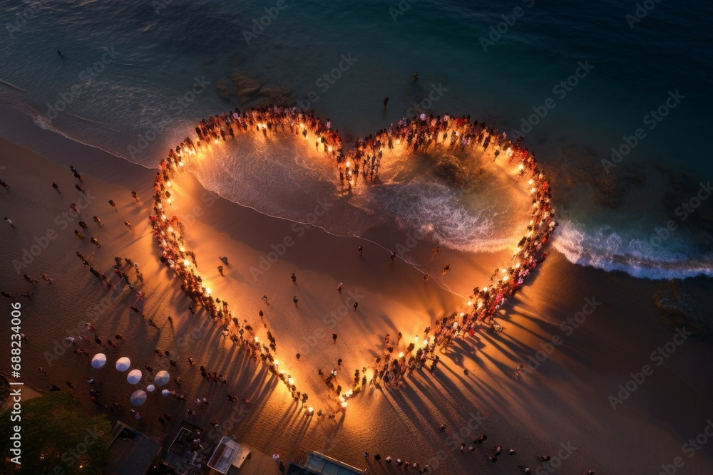 Poster crowd of people on the beach in the shape of a heart. background with selective focus and copy space
