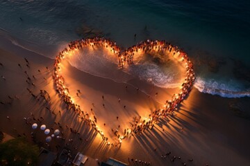 Crowd of people on the beach in the shape of a heart. Background with selective focus and copy space - Powered by Adobe