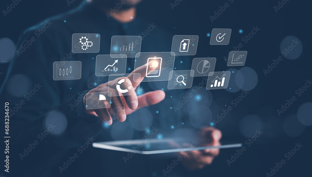 Poster data analyst technology. business global internet connection application technology and digital mark