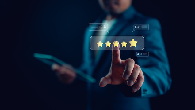 Customer Experience Concept, Best Excellent Services Rating for Satisfaction present by Hand of Client Showing excellent rating Five Star. Review, feedback, good, the best of product and service