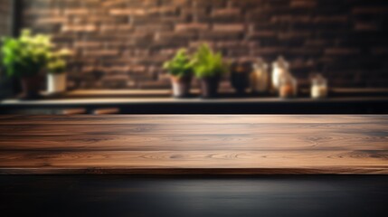 Empty wooden table in the foreground. Black modern kitchen blurred background