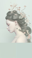 Illustration of a dreamy, ethereal woman. Sensitive, pure femininity, emotional horizontal poster. Sculpture of female skin care and naked shoulder. Isolated on a pastel blank background, copy space.