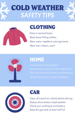 Cold weather and winter safety tips poster, flyer. Extreme cold safety tips and advice. Vector illustration. - obrazy, fototapety, plakaty
