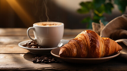 Morning coffee with croissants on a wooden table - obrazy, fototapety, plakaty