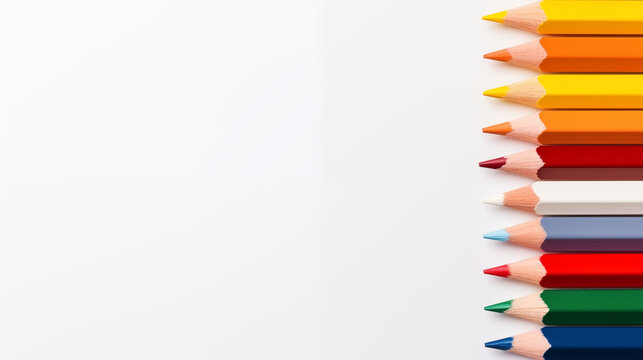 colored pencils, idea for graphic designers and art schools, top view with copy space for ad and promotional leaflet for drawing education; multicolored crayons aligned on white wooden background