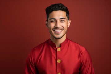 beautiful Young arab man smiling, wearing cheongsam, one color background, copy space, generative ai