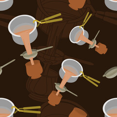 Editable Three-Quarter Top View of Pouring Masala Chai from Pan into Pottery Cup Vector Illustration Seamless Pattern With Dark Background for South Asian Beverages Culture and Tradition