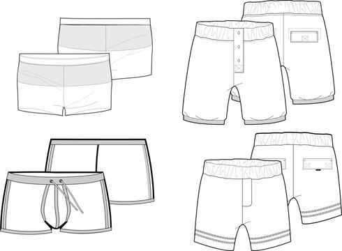 Swim Trunk, Underwear, Briefs, Boxer Set Fashion Illustration, Vector, CAD, Technical Drawing, Flat Drawing, Template, Mockup.