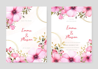 Pink magnolia vector wedding invitation card set template with flowers and leaves watercolor